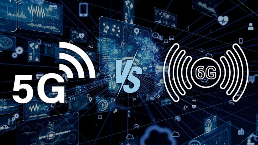 5G and 6G symbols beside each other with a vs symbol between them overlayed on a mobile network technology abstract background.